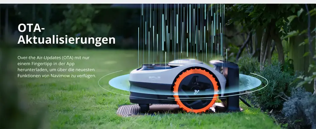 Der Segway Navimow i105 beim OTA-Update im Garten – innovative Softwareaktualisierung bequem per App. Gezeigt im Mähroboter Test für 500 m².
