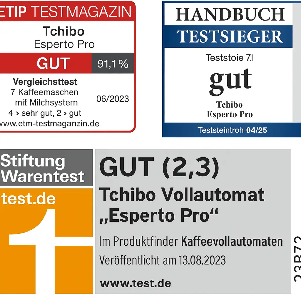 Grafik mit drei Testsiegeln für den Tchibo Esperto Pro Kaffeevollautomaten – bewertet mit „gut“ von ETM Testmagazin, Handbuch Testsieger und Stiftung Warentest.