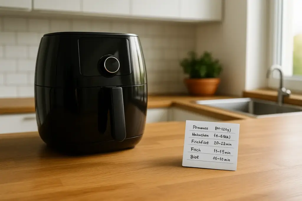 Airfryer auf Holzarbeitsplatte – daneben ein handschriftlicher Spickzettel mit Zeiten & Temperaturen