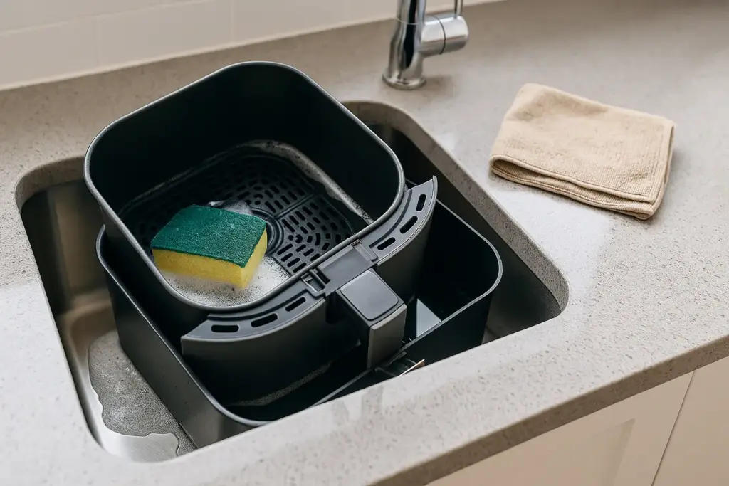 Airfryer-Korb und -Wanne im Spülbecken mit warmem Seifenwasser und weichem Schwamm