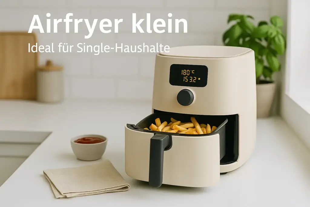 Kleiner Airfryer in Singleküche auf Arbeitsplatte – schnelle, knusprige Portion für 1–2 Personen