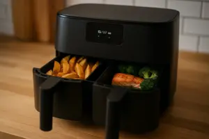 Airfryer mit Doppelkammer auf Arbeitsplatte – zwei Körbe mit Gemüse und Protein, Sync-Finish