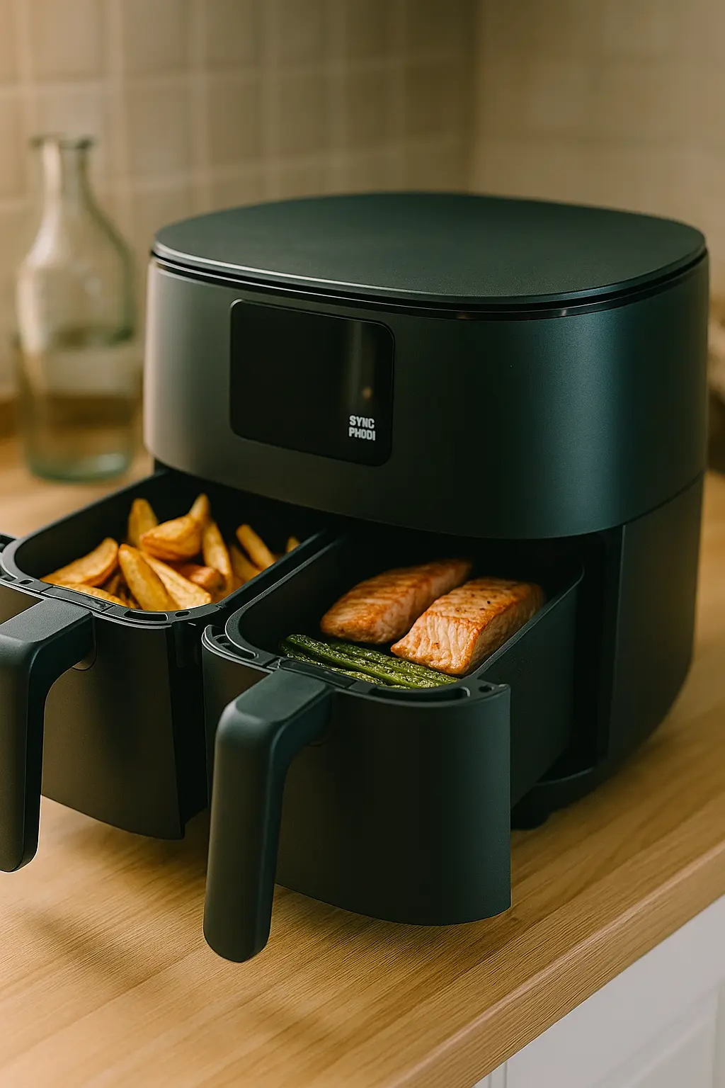 Dual-Drawer Airfryer: Zone A mit Wedges, Zone B mit Lachs – parallel gegart