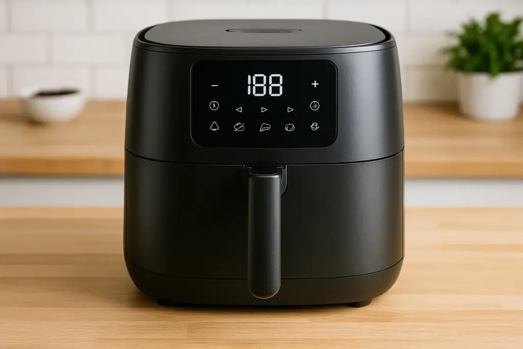 Moderner schwarzer Cosori Airfryer auf heller Küchenarbeitsplatte im Test – stilvoll, leistungsstark und ideal für gesundes Frittieren ohne Öl