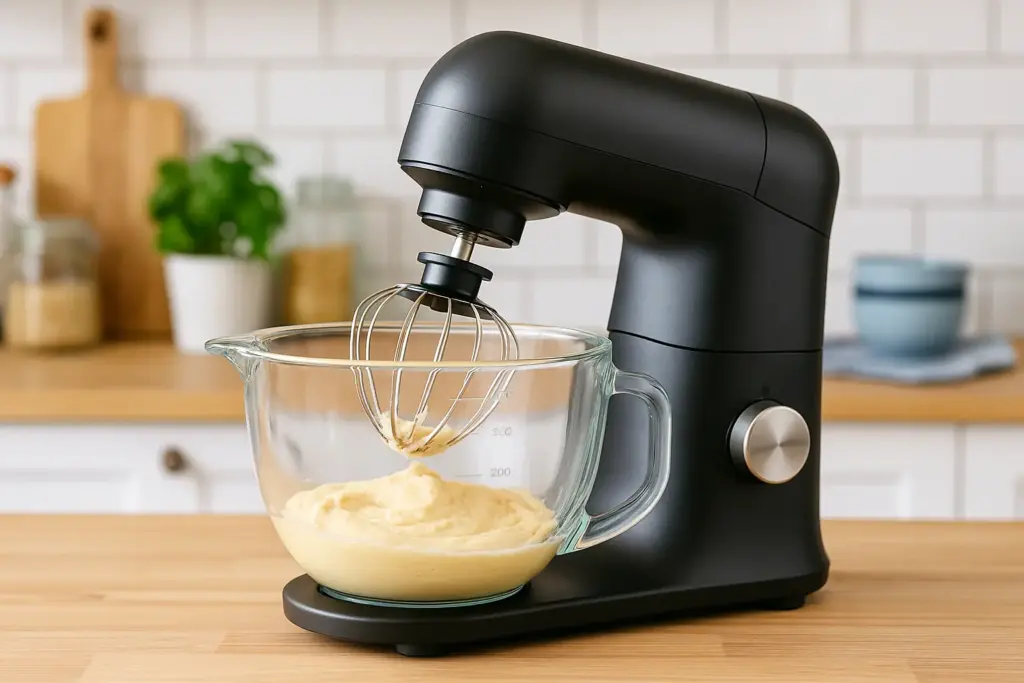 Moderne Küchenmaschine mit robustem Glasbehälter auf einer stilvollen Arbeitsfläche – ideal für gesundes Kochen und langlebige Küchenleistung.