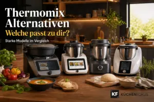 Vier Thermomix Alternativen im Vergleich auf einer Küchenarbeitsplatte mit Zutaten, Suppe und Teig in einer modernen Küche – Küchenfokus