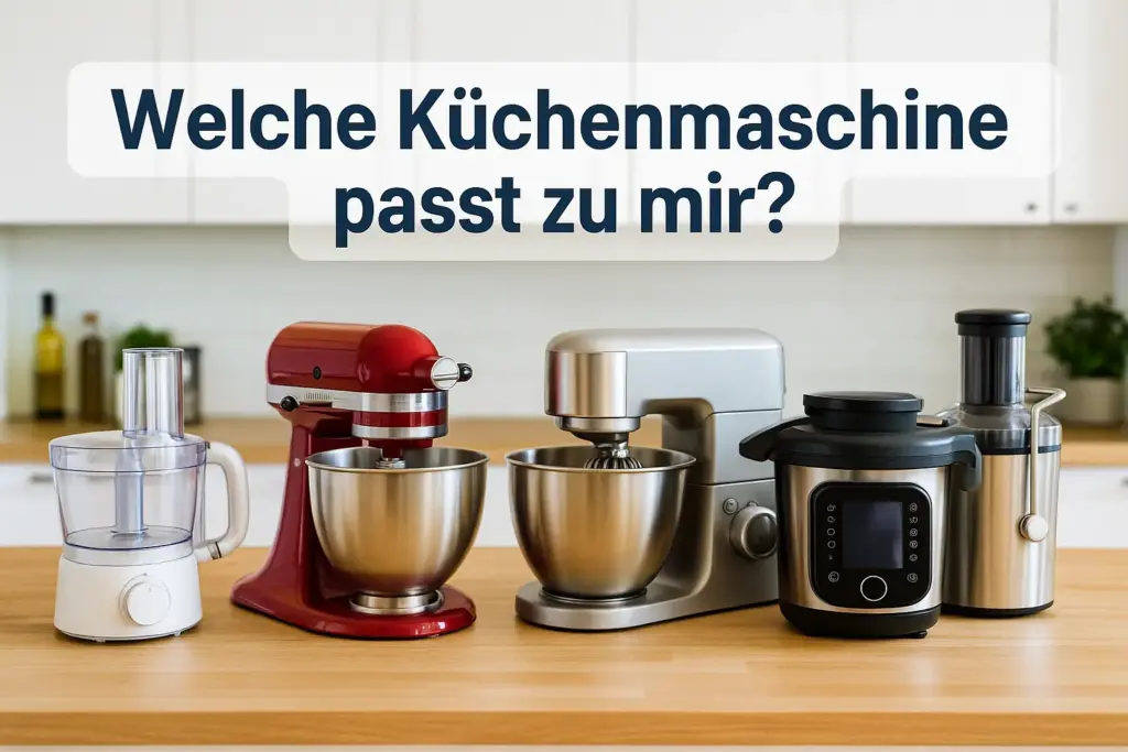 Fünf moderne Küchenmaschinen auf einer Kochinsel in der Küche.