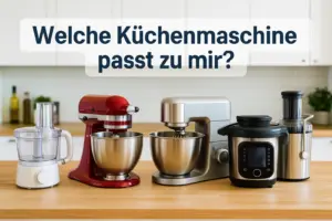 Fünf moderne Küchenmaschinen auf einer Kochinsel in der Küche.