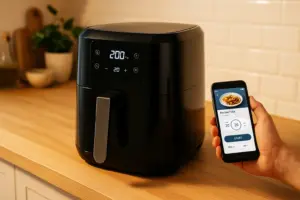 Airfryer neben Smartphone – App zeigt Start, Temperatur und Timer
