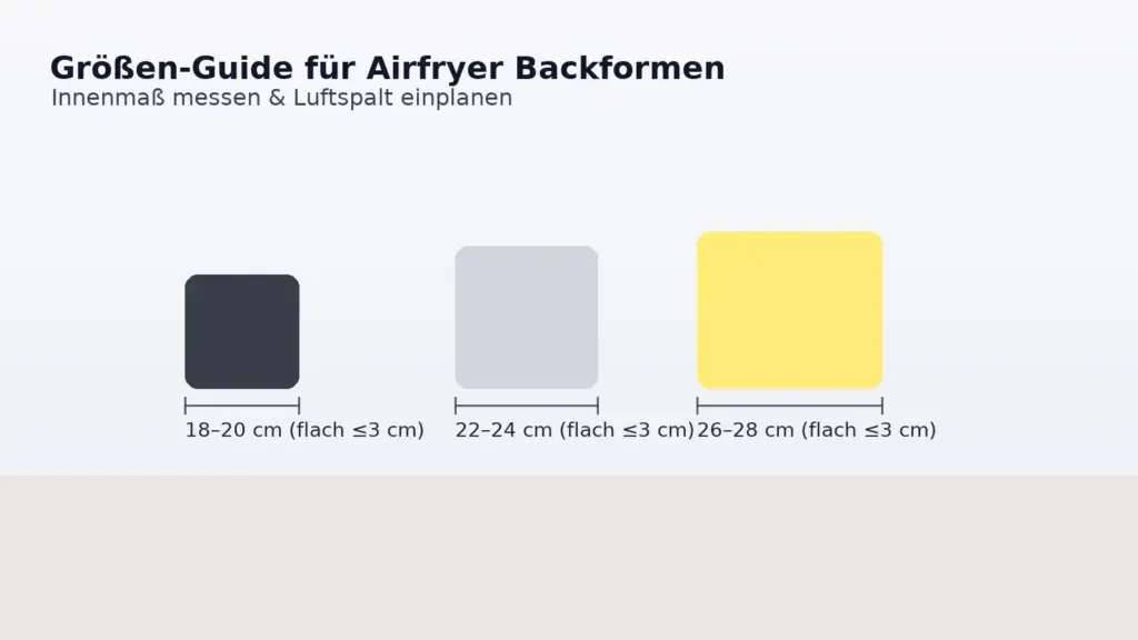 Top-Down-Ansicht verschiedener flacher Airfryer-Backformen mit Maßlinien 18–20 cm, 22–24 cm, 26–28 cm