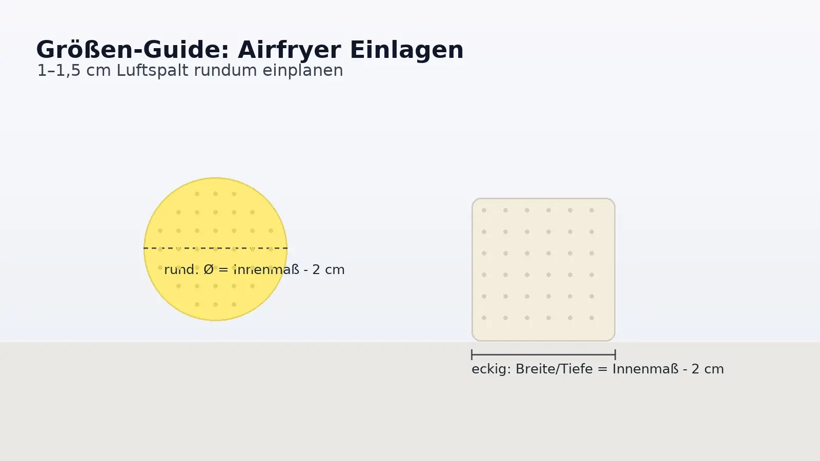 Größen-Guide für Airfryer Einlagen: runde und eckige, gelochte Einlagen mit Maßmarkierungen und Hinweis auf 1–1,5 cm Luftspalt