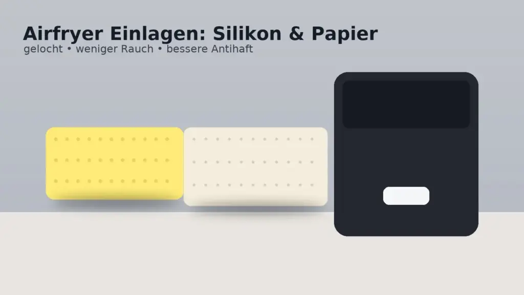 Airfryer-Korb mit gelochter Silikoneinlage und gelochter Papiereinlage nebeneinander auf Küchenarbeitsplatte