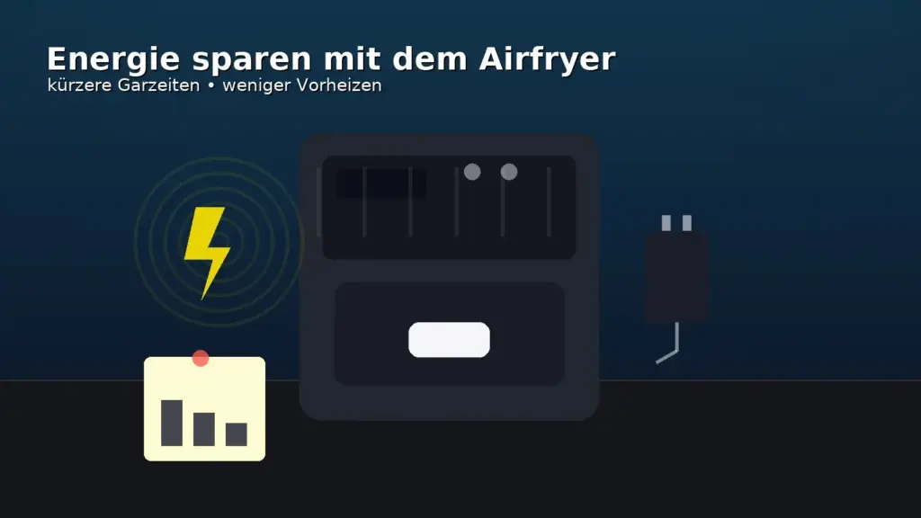 Stilisiertes Airfryer-Motiv mit Stromspar-Symbolen auf dunklem Küchenhintergrund – Fokus auf Energieeffizienz