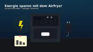 Stilisiertes Airfryer-Motiv mit Stromspar-Symbolen auf dunklem Küchenhintergrund – Fokus auf Energieeffizienz