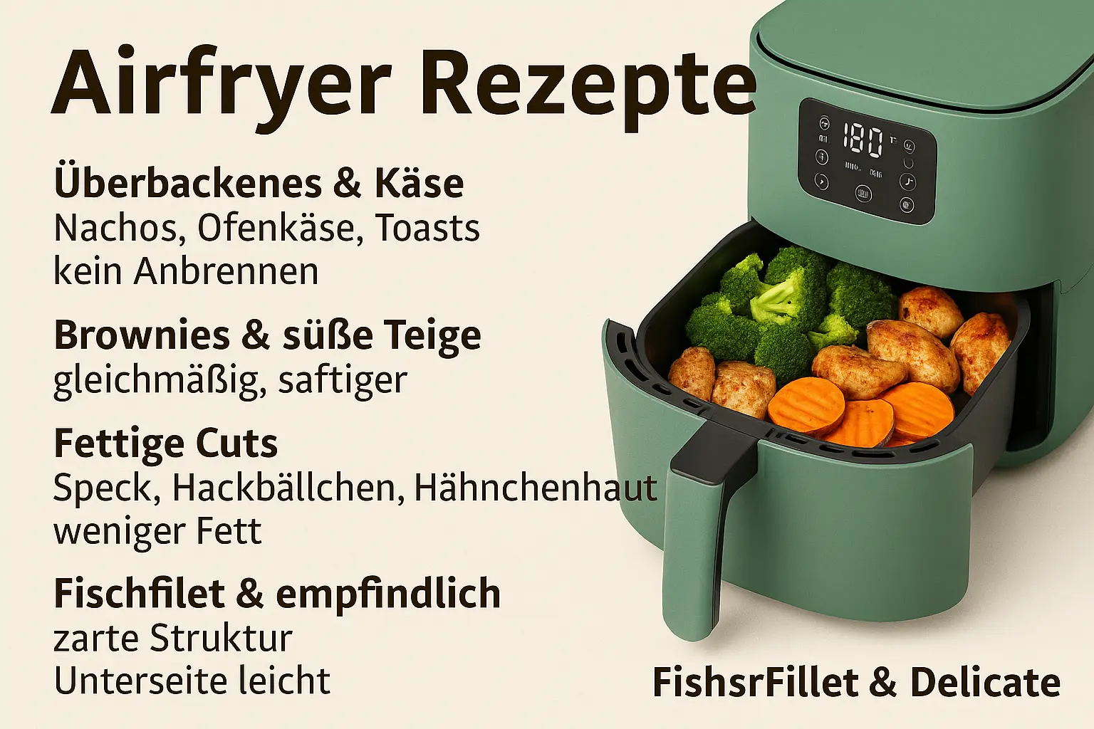 In-Article-Grafik mit Rezeptideen für den Airfryer – Übersicht zu Snacks, Hauptgerichten, Backrezepten und Meal-Prep Tipps