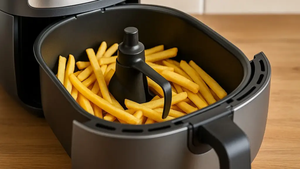 Airfryer mit Rührarm – flache Wanne mit goldbraunen Pommes, Paddle sichtbar