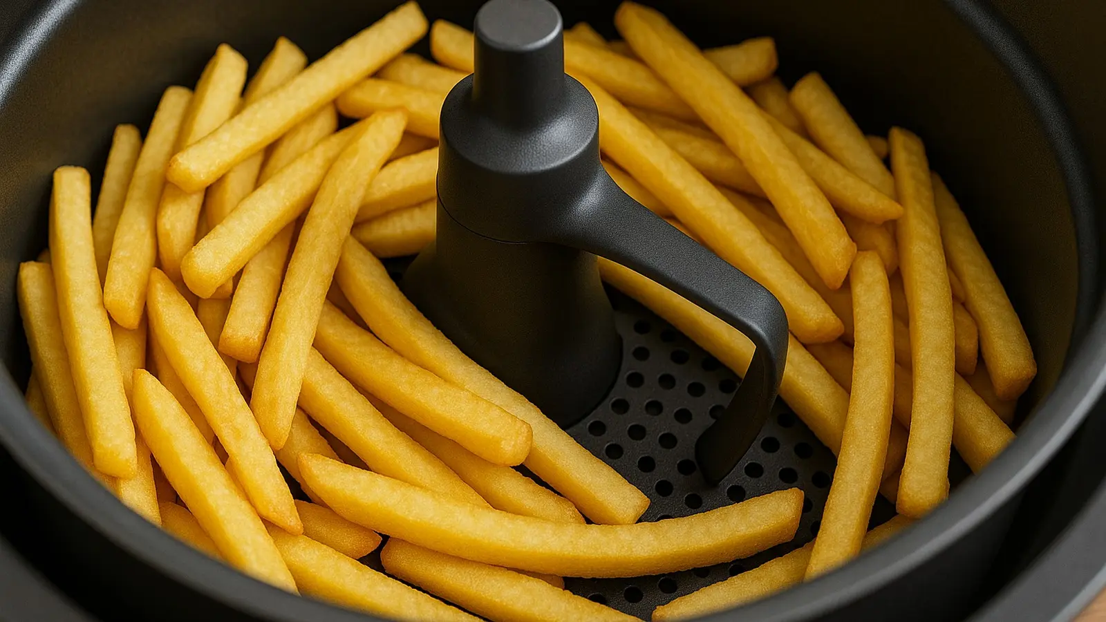 Nahaufnahme: Rührarm-Paddle bewegt Pommes im Airfryer für gleichmäßige Bräunung
