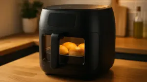 Airfryer mit Sichtfenster auf Arbeitsplatte – Innenbeleuchtung zeigt Bräunung von Brötchen