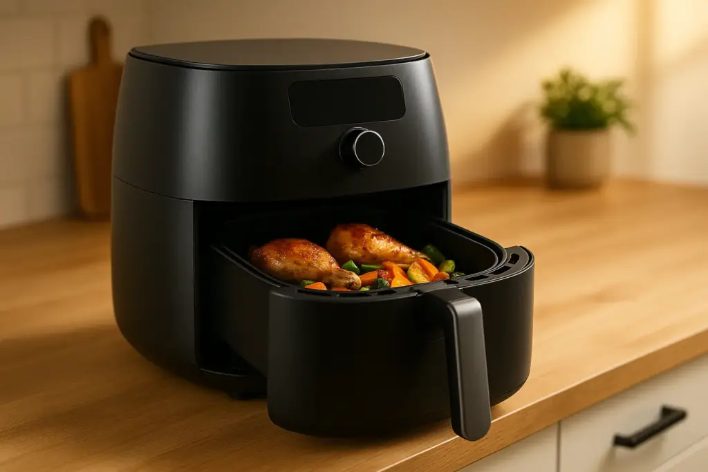 Airfryer XXL Test in moderner Küche – Korb mit Gemüse und Hähnchen; ideal für große Mengen und Familienportionen