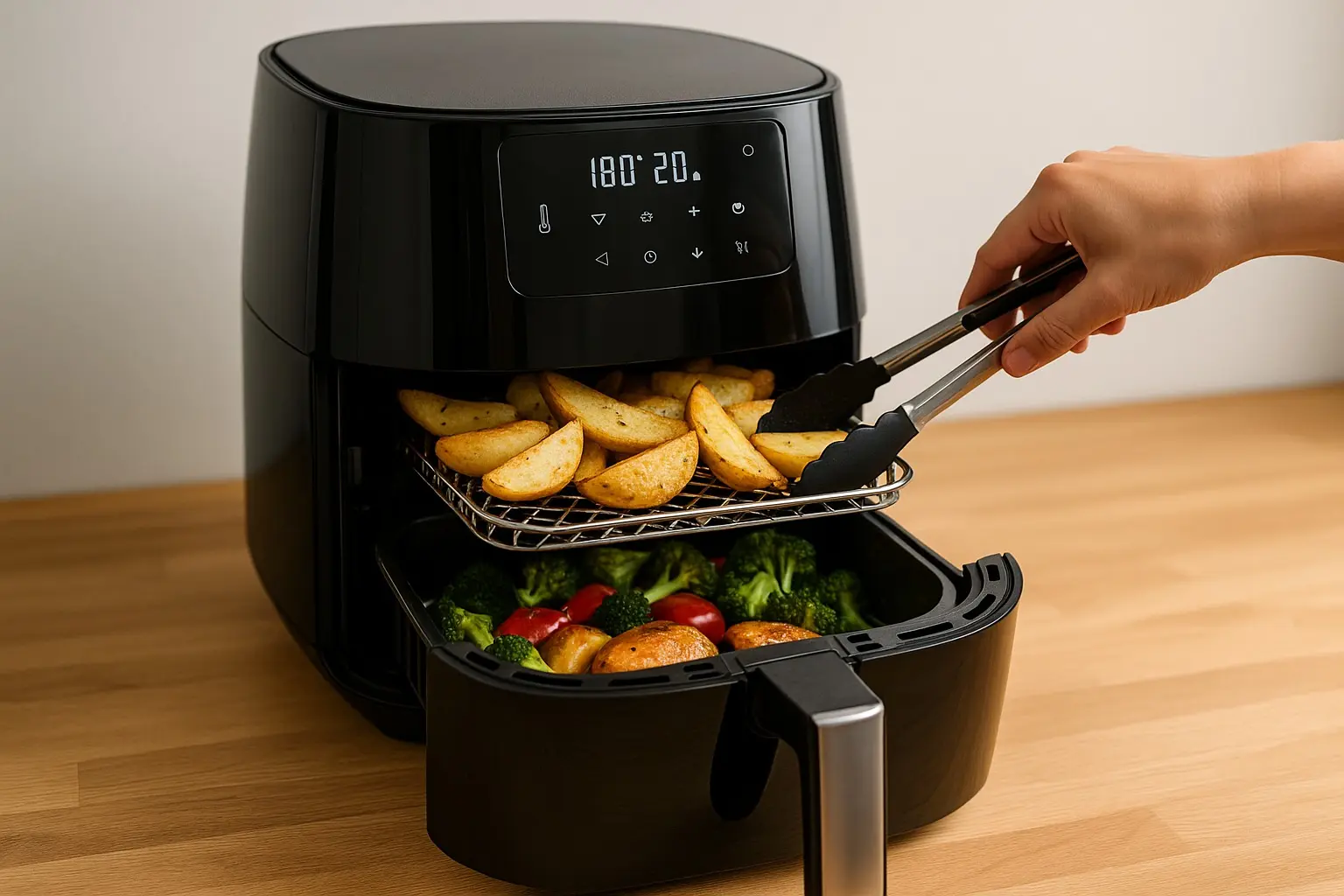 Airfryer XXL mit Zwei-Ebenen-Rack: oben Kartoffelspalten, unten Gemüse – mehr nutzbare Fläche für große Mengen