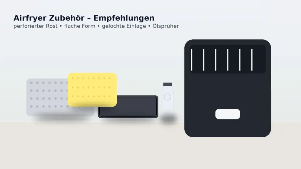 Airfryer-Zubehör auf Arbeitsplatte: perforierter Rost, flache Backform, gelochte Silikoneinlage und Ölsprüher neben Airfryer
