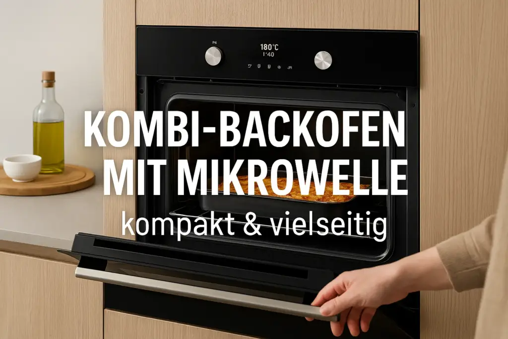 Kombi-Backofen mit Mikrowelle in moderner Küche mit Textoverlay – Backofen mit Mikrowelle Test 2025