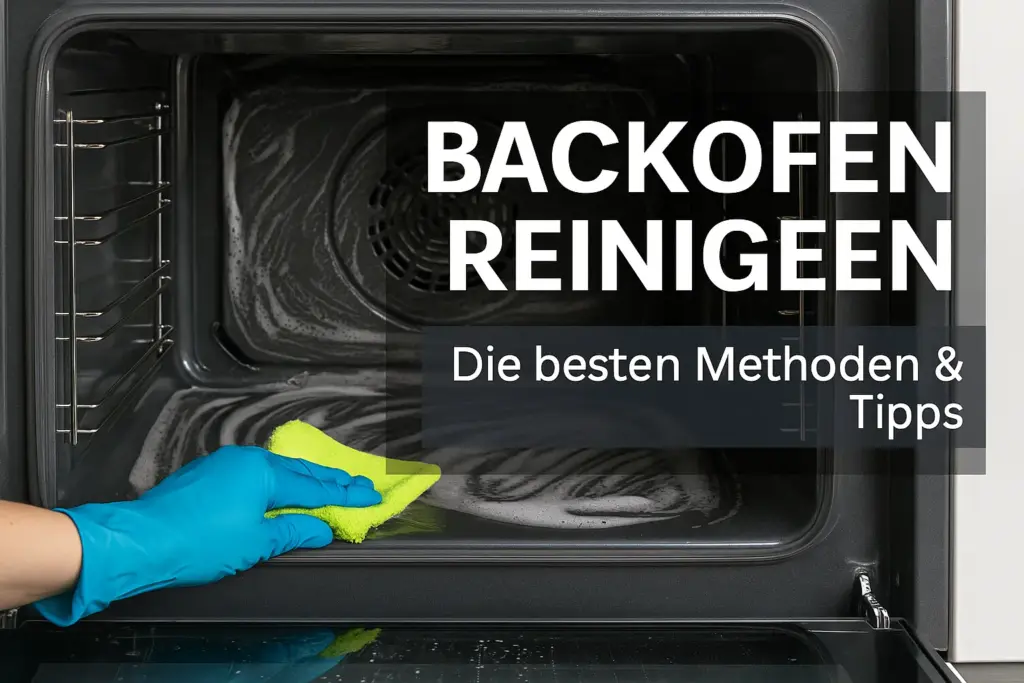 Backofen reinigen – Frau mit Handschuhen säubert eingebrannten Schmutz mit natürlichem Hausmittel und Lappen im Ofeninneren.