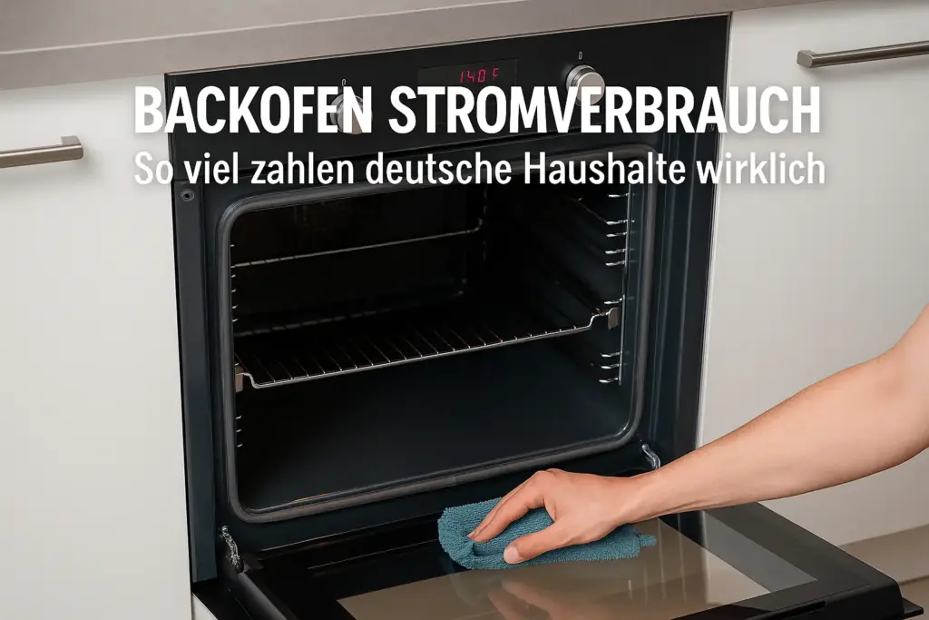Ein moderner Einbaubackofen in einer Küche während des Betriebs – Symbolbild für Stromverbrauch und Energieeffizienz beim Backen.
