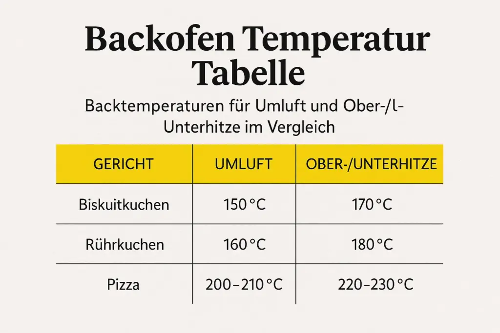 Grafik mit Temperaturtabelle für Backofen: Umluft und Ober-/Unterhitze für verschiedene Gerichte