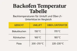 Grafik mit Temperaturtabelle für Backofen: Umluft und Ober-/Unterhitze für verschiedene Gerichte