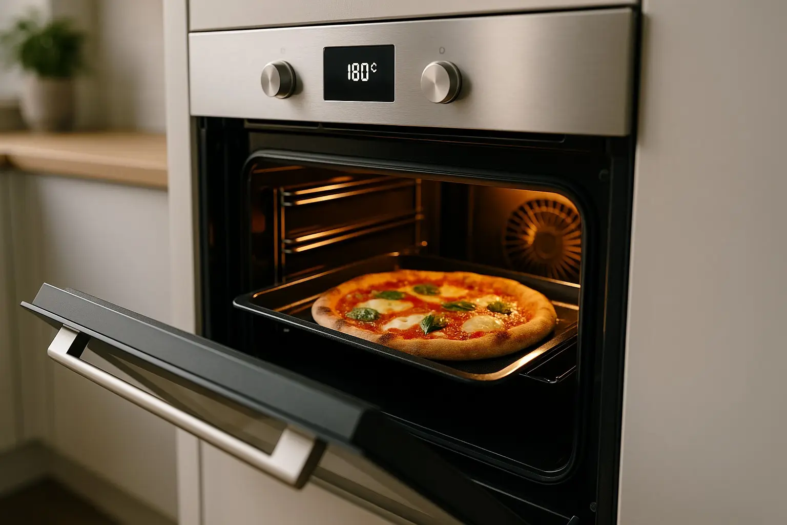 Moderner Einbaubackofen aus Edelstahl in seitlicher Perspektive, halb geöffnete Tür mit Backblech – Beste Backöfen