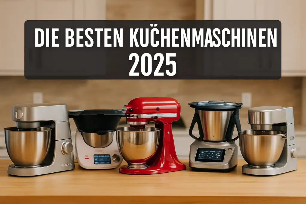 Fünf moderne Küchenmaschinen nebeneinander auf einer Küchenarbeitsplatte – Vergleich aktueller Modelle 2025.