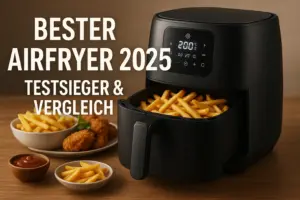 Moderner Airfryer mit knusprigen Pommes und Snacks auf einer Küchenarbeitsplatte – Bester Airfryer 2025 im Testsieger & Vergleich