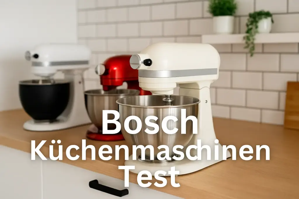 Drei moderne Küchenmaschinen ohne sichtbare Markenlogos im Vergleich – ideal für den Bosch Küchenmaschine Test 2025.