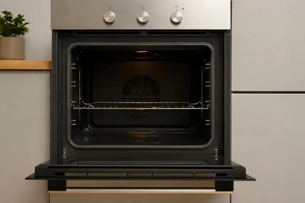 Moderner Gasbackofen mit geöffneter Tür in heller Küche als Artikelbild für einen Gasbackofen Test