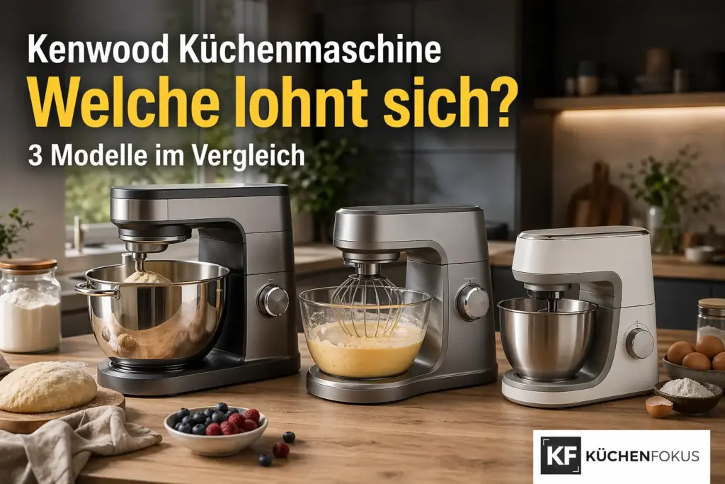 Drei Kenwood Küchenmaschinen im Vergleich auf einer Küchenarbeitsplatte mit Teig, Rührschüssel und Zutaten – Küchenfokus.