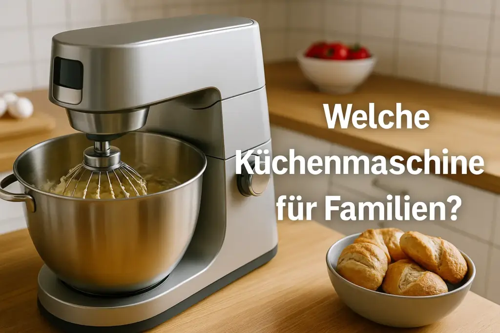 Küchenmaschine mit großem Zubehörset auf moderner Kochinsel – ideal für Familien