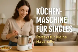 Junge Frau bereitet mit kleiner Küchenmaschine ein Gericht zu, gemütliche Wohnung im Hintergrund