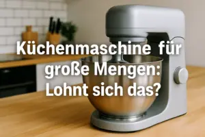 Moderne Küchenmaschine mit großem Edelstahlbehälter auf Arbeitsplatte, ideal für große Mengen beim Backen und Kochen.