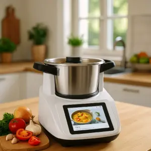 Moderne Küchenmaschine mit Kochfunktion bei der Zubereitung eines Currys in heller Familienküche