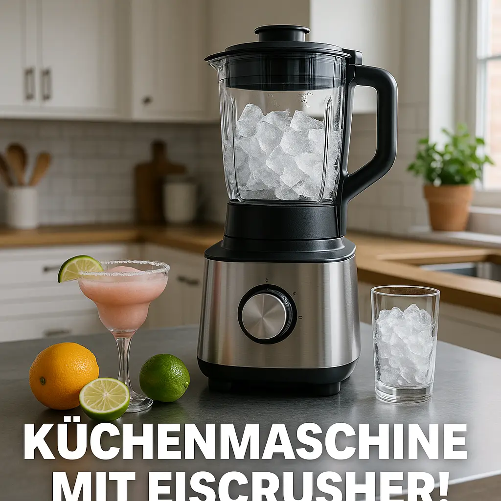 Moderne Küchenmaschine mit integriertem Eiscrusher auf einer stilvollen Küchenarbeitsfläche – ideal für Cocktails und gekühlte Speisen.
