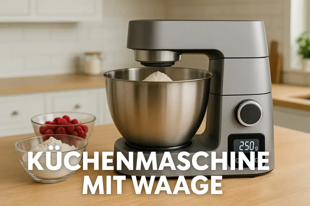 Moderne Küchenmaschine mit integrierter Waage und Kochfunktion auf einer Arbeitsplatte, umgeben von frischen Zutaten.
