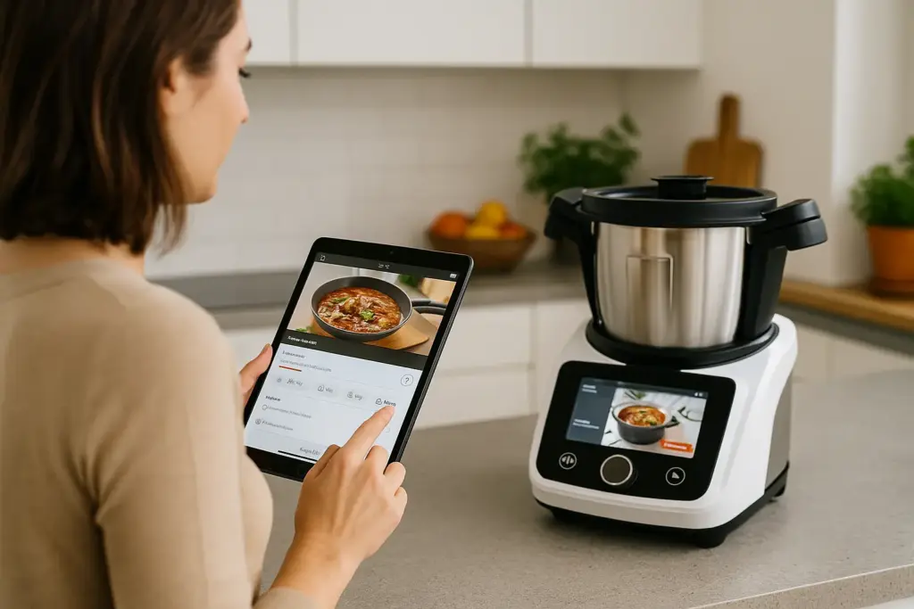 Frau steuert eine smarte Küchenmaschine per App vom Tablet aus