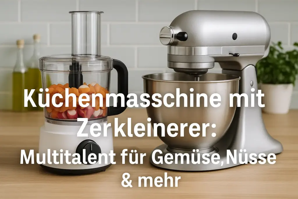 Moderne Küchenmaschine mit Zerkleinerer auf Arbeitsplatte – geeignet für Gemüse, Nüsse und mehr.