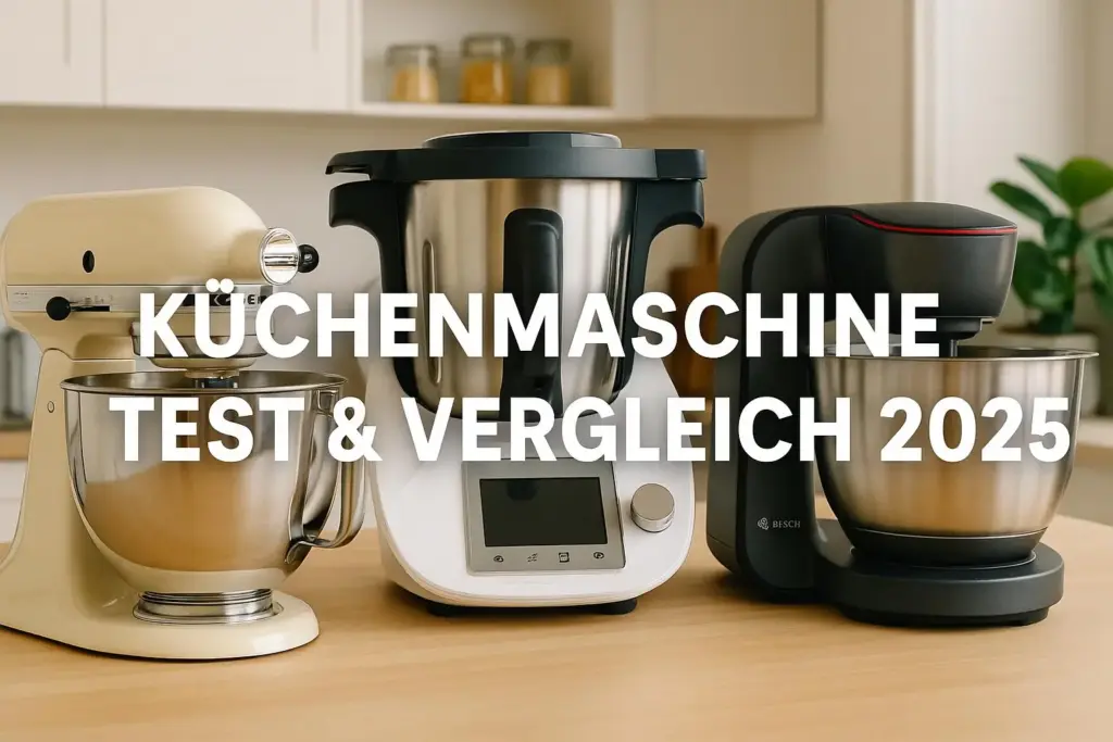 Drei moderne Küchenmaschinen auf einer Kochinsel in einer Küche im Test und Vergleich.