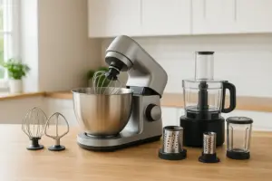Küchenmaschine mit ausgebreitetem Zubehör-Set (Knethaken, Schneebesen, Reibe, Mixeraufsatz), auf heller Küchenplatte.