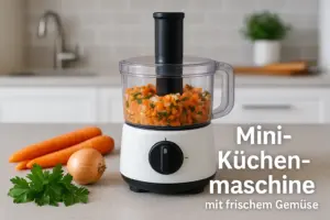 Kompakte Küchenmaschine auf heller Arbeitsplatte mit zerkleinertem Gemüse in der Schüssel, daneben frische Zutaten (Karotten, Zwiebeln, Petersilie)