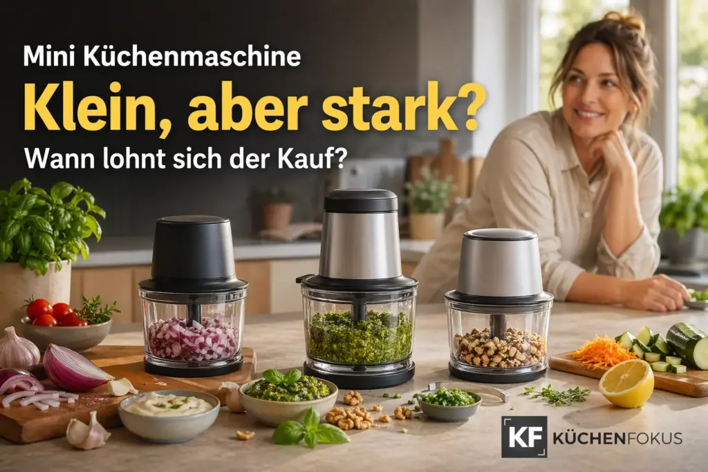 Drei Mini Küchenmaschinen auf einer Küchenarbeitsplatte mit gehackten Zutaten, Dips und Gemüse, dazu der Schriftzug „Klein, aber stark?“ – Küchenfokus