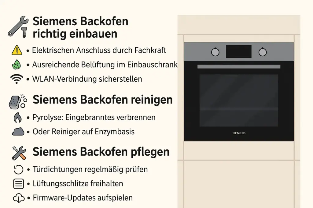 Grafische Darstellung mit Tipps zum Siemens Backofen Einbau – moderne Küche mit Einbausituation und erklärenden Symbolen
