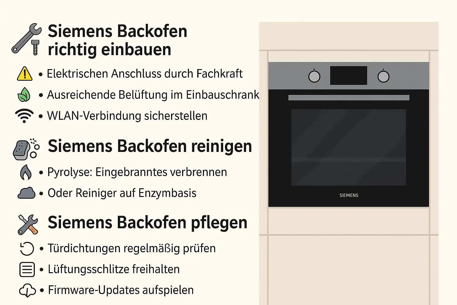 Grafische Darstellung mit Tipps zum Siemens Backofen Einbau – moderne Küche mit Einbausituation und erklärenden Symbolen